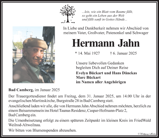 Traueranzeige von Hermann Jahn von Camberger Anzeiger
