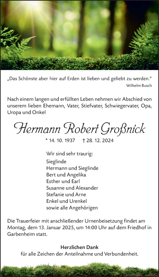 Traueranzeige von Hermann Robert Großnick von Wetzlarer Neue Zeitung