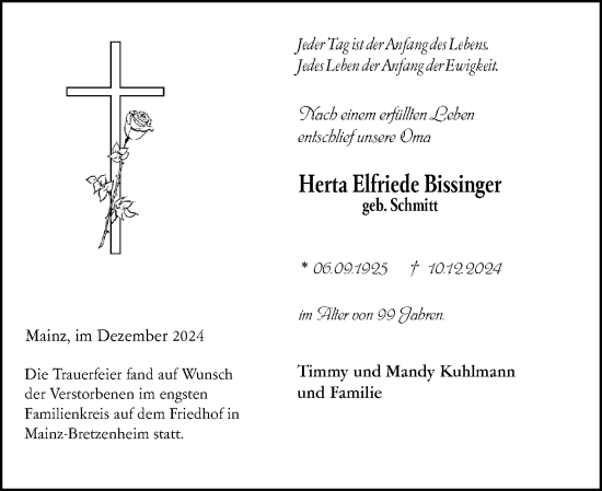 Traueranzeige von Herta Elfriede Bissinger von Allgemeine Zeitung Mainz