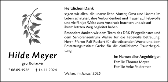 Traueranzeige von Hilde Meyer von Hinterländer Anzeiger