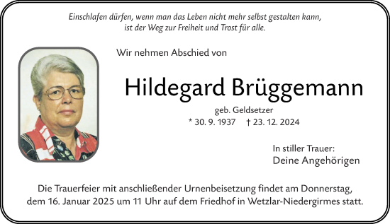 Traueranzeige von Hildegard Brüggemann von Wetzlarer Neue Zeitung