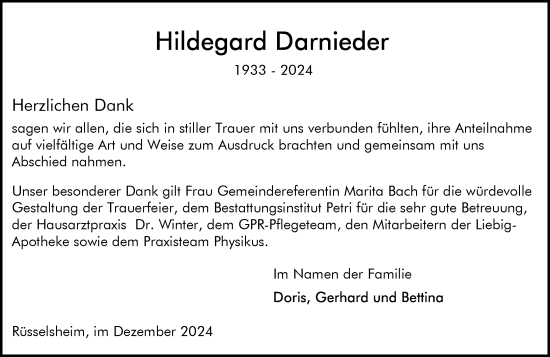 Traueranzeige von Hildegard Darnieder von Rüsselsheimer Echo