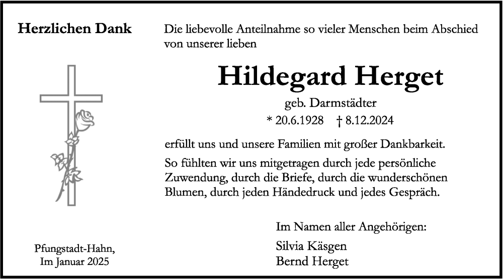  Traueranzeige für Hildegard Herget vom 11.01.2025 aus Darmstädter Echo