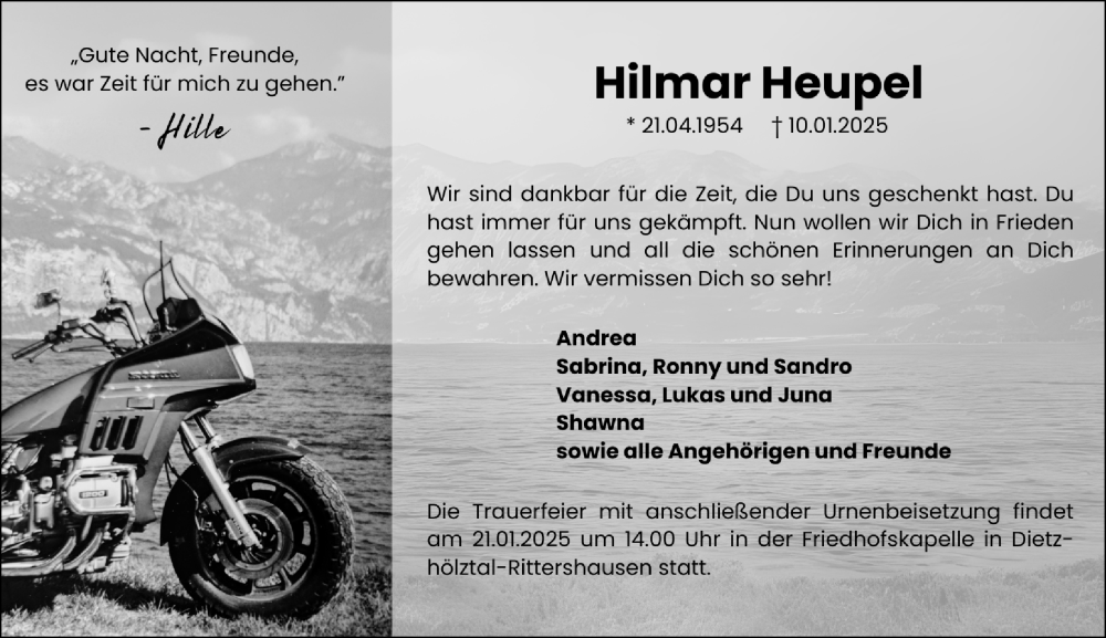  Traueranzeige für Hilmar Heupel vom 17.01.2025 aus Dill Block