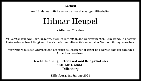 Traueranzeige von Hilmar Heupel von Dill Block