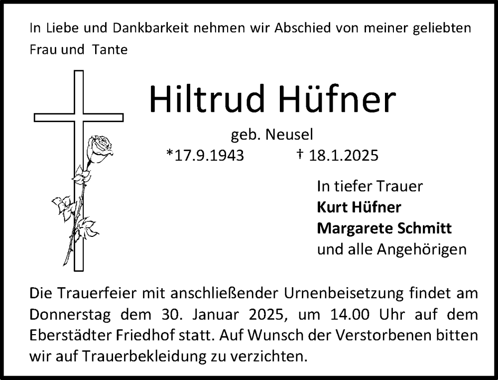  Traueranzeige für Hiltrud Hüfner vom 25.01.2025 aus Darmstädter Echo