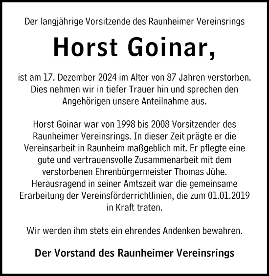 Traueranzeige von Horst Goinar von Rüsselsheimer Echo