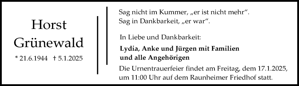  Traueranzeige für Horst Grünewald vom 11.01.2025 aus Rüsselsheimer Echo