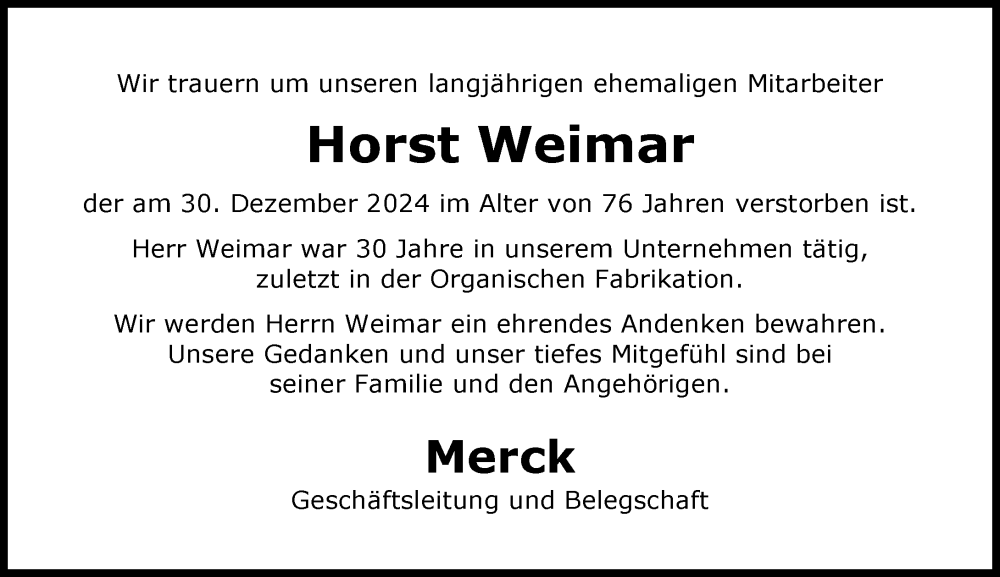  Traueranzeige für Horst Weimar vom 17.01.2025 aus Darmstädter Echo
