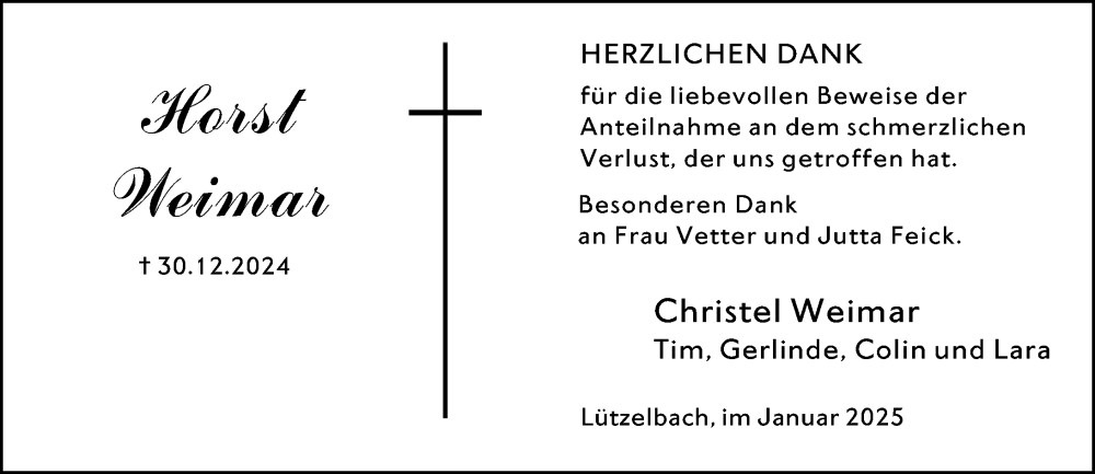  Traueranzeige für Horst Weimar vom 25.01.2025 aus Darmstädter Echo