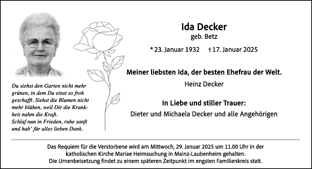  Traueranzeige für Ida Decker vom 25.01.2025 aus Allgemeine Zeitung Mainz