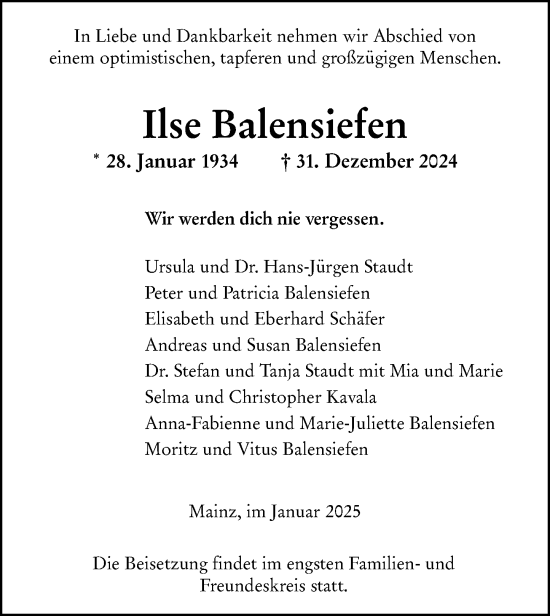 Traueranzeige von Ilse Balensiefen von Allgemeine Zeitung Mainz