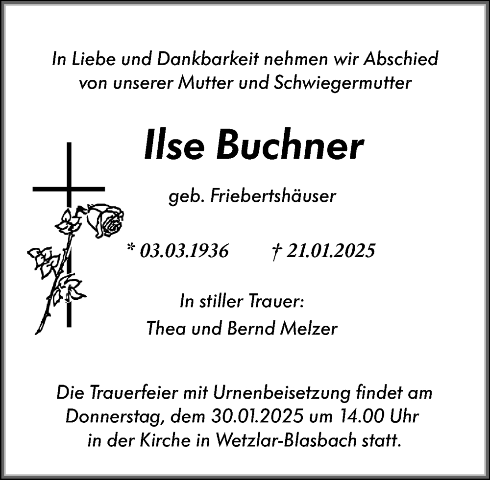  Traueranzeige für Ilse Buchner vom 25.01.2025 aus Wetzlarer Neue Zeitung