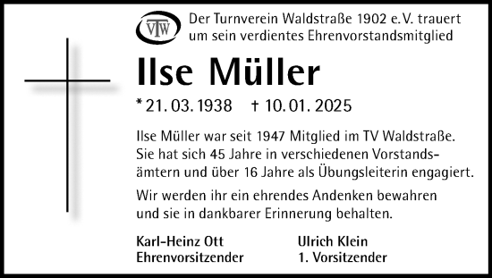 Traueranzeige von Ilse Müller von Wiesbadener Kurier