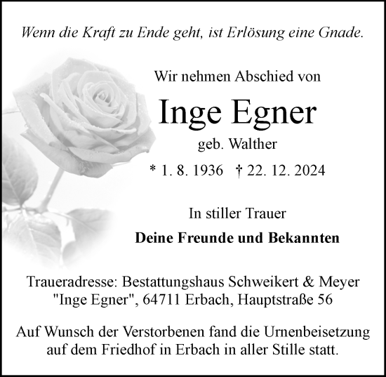Traueranzeige von Inge Egner von Odenwälder Echo