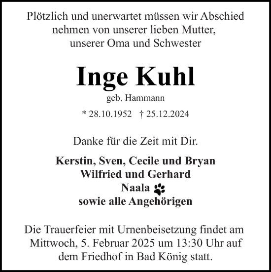 Traueranzeige von Inge Kuhl von Odenwälder Echo