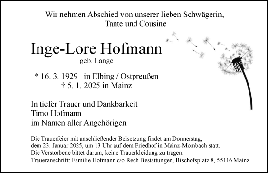 Traueranzeige von Inge-Lore Hofmann von Allgemeine Zeitung Mainz