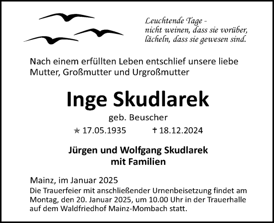Traueranzeige von Inge Skudlarek von Allgemeine Zeitung Mainz