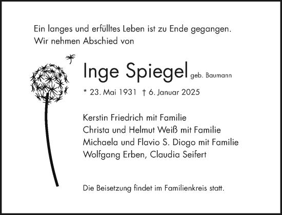 Traueranzeige von Inge Spiegel von Darmstädter Echo