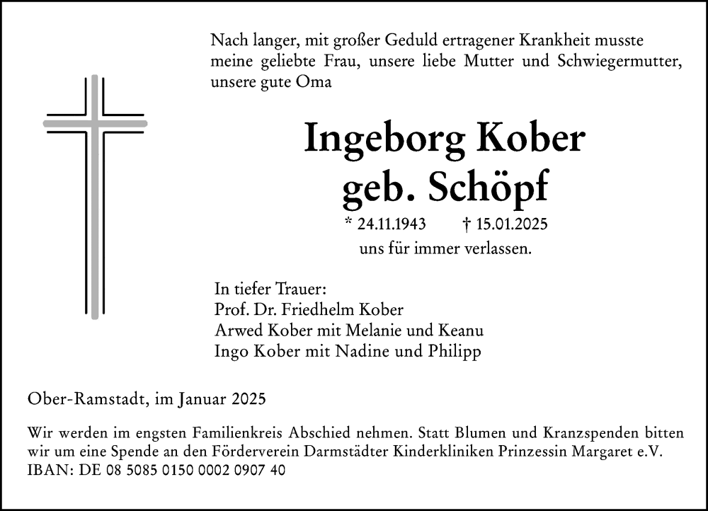  Traueranzeige für Ingeborg Kober vom 25.01.2025 aus Darmstädter Echo
