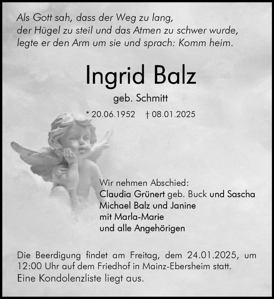  Traueranzeige für Ingrid Balz vom 18.01.2025 aus Allgemeine Zeitung Mainz