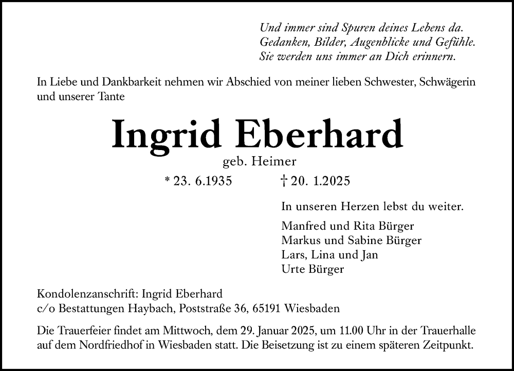  Traueranzeige für Ingrid Eberhard vom 25.01.2025 aus Wiesbadener Kurier
