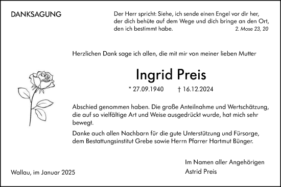 Traueranzeige von Ingrid Preis von Hinterländer Anzeiger