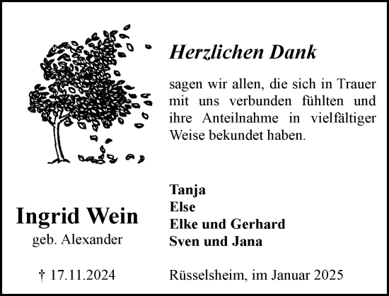 Traueranzeige von Ingrid Wein von Rüsselsheimer Echo
