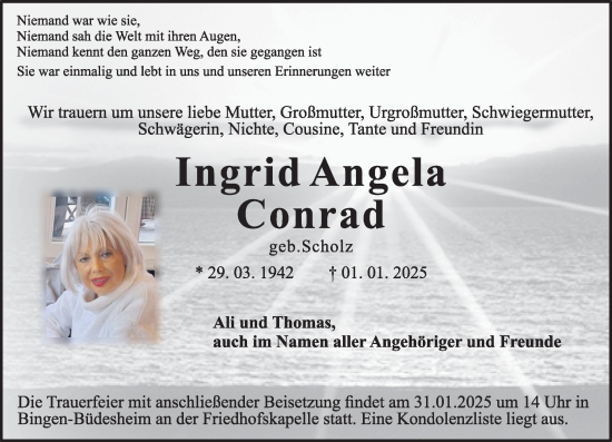 Traueranzeige von Ingrid Angela Conrad von Allgemeine Zeitung Rheinhessen-Nahe