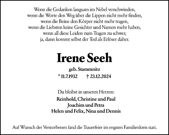 Traueranzeige von Irene Seeh von Darmstädter Echo