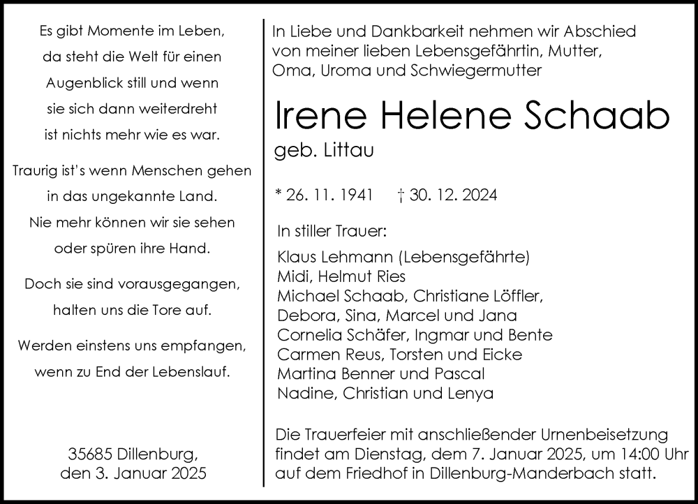  Traueranzeige für Irene Helene Schaab vom 03.01.2025 aus Dill Block