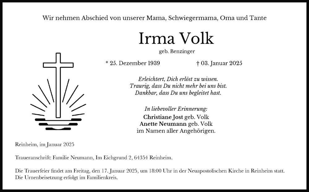  Traueranzeige für Irma Volk vom 11.01.2025 aus Darmstädter Echo