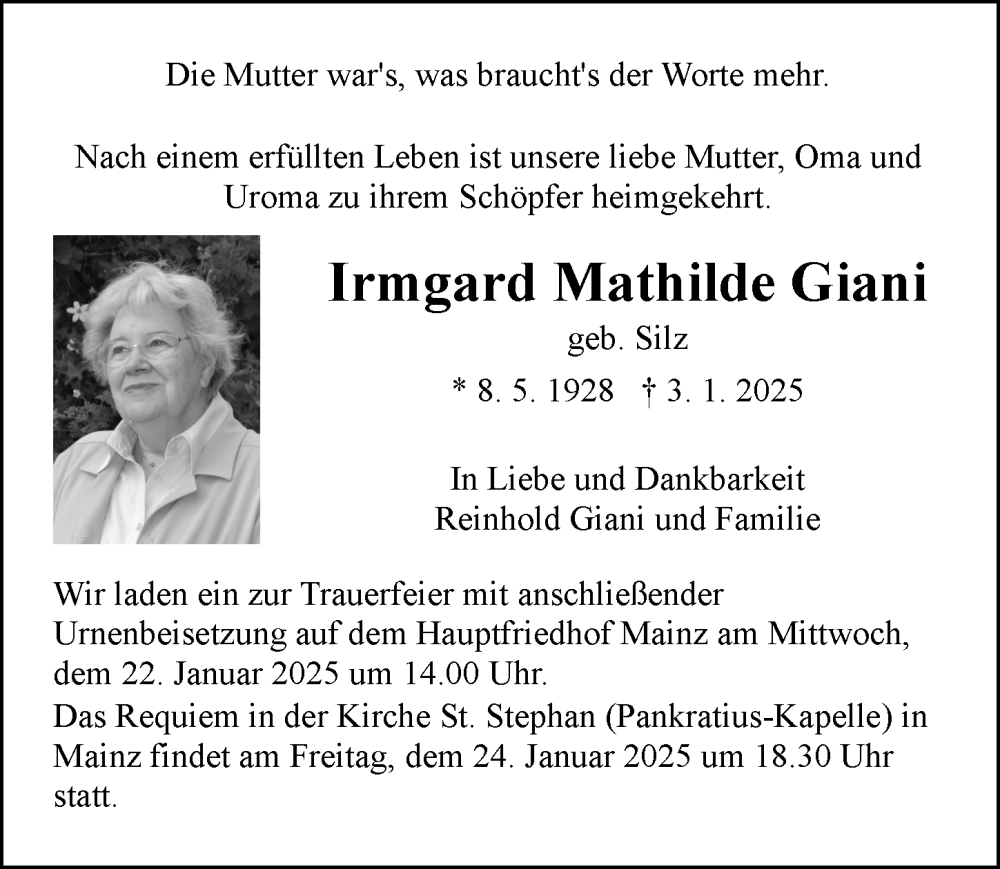  Traueranzeige für Irmgard Mathilde Giani vom 18.01.2025 aus Allgemeine Zeitung Mainz