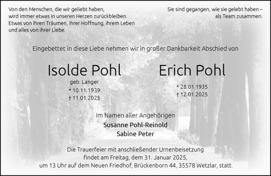 Traueranzeige von Isolde Pohl von Wetzlarer Neue Zeitung