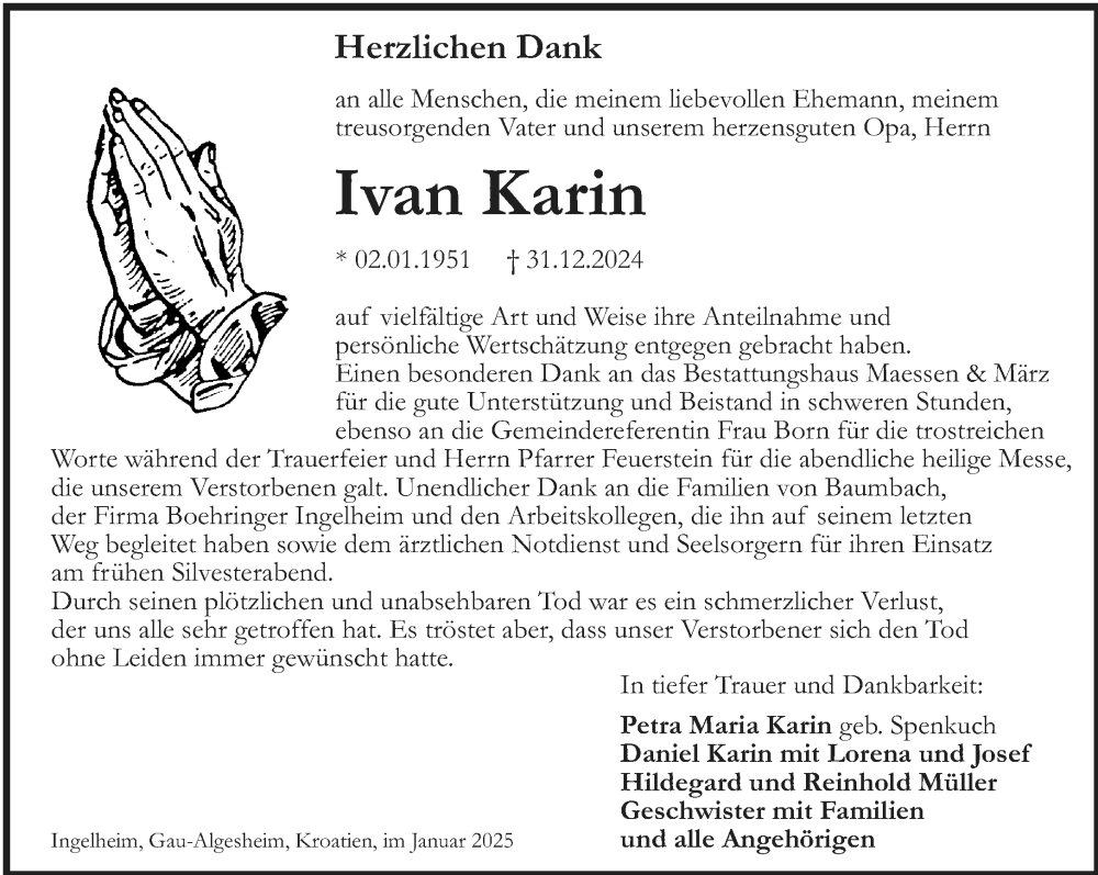  Traueranzeige für Ivan Karin vom 25.01.2025 aus Allgemeine Zeitung Rheinhessen-Nahe