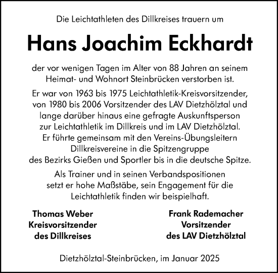 Traueranzeige von Hans Joachim Eckhardt von Dill Block