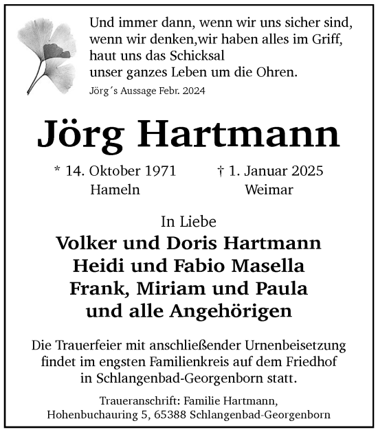 Traueranzeige von Jörg Hartmann von Idsteiner Land/Untertaunus