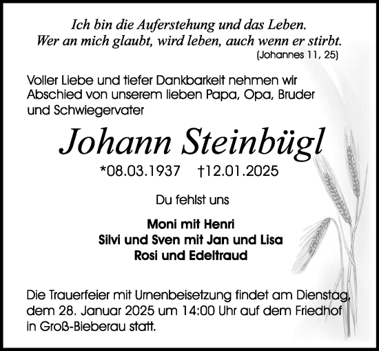 Traueranzeige von Johann Steinbügl von Darmstädter Echo