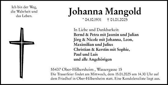 Traueranzeige von Johanna Mangold von Allgemeine Zeitung Rheinhessen-Nahe