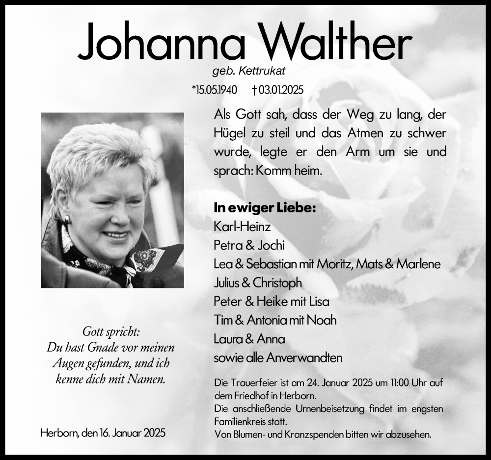  Traueranzeige für Johanna Walther vom 16.01.2025 aus Dill Block