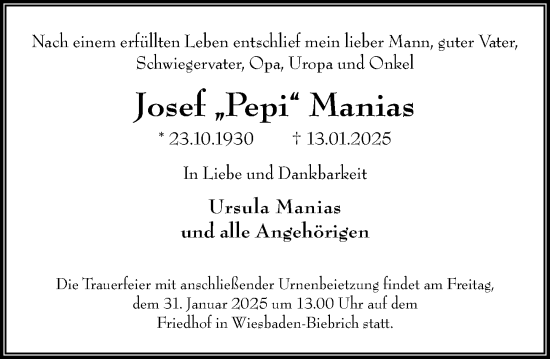 Traueranzeige von Josef Manias von Wiesbadener Kurier