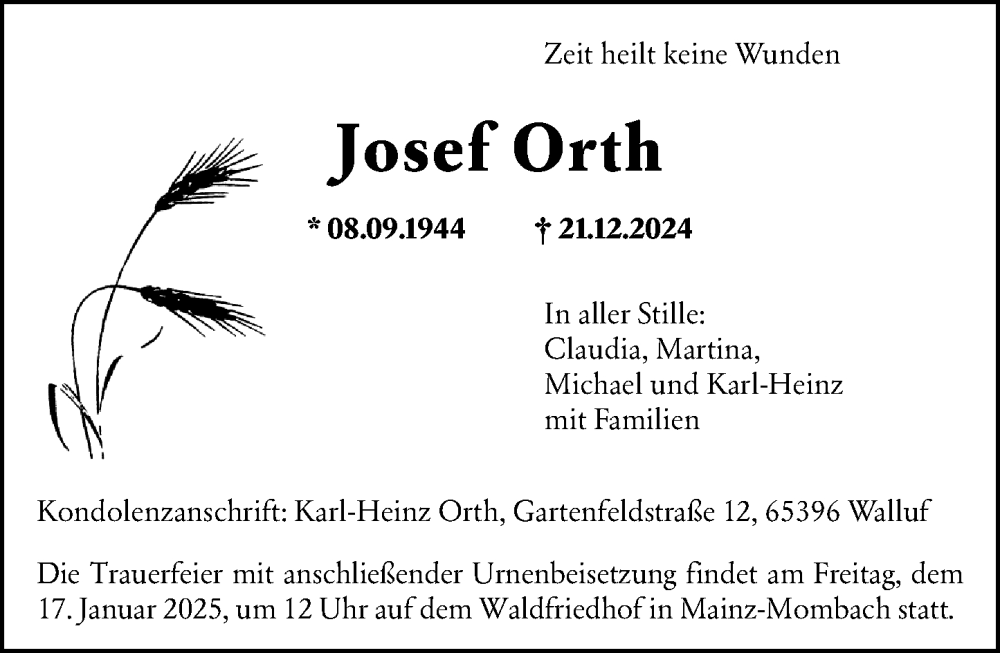 Traueranzeige für Josef Orth vom 11.01.2025 aus Allgemeine Zeitung Rheinhessen-Nahe