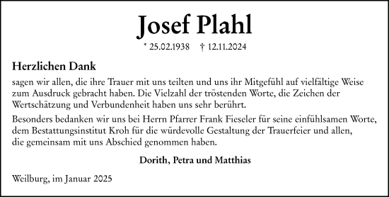 Traueranzeige von Josef Plahl von Weilburger Tageblatt