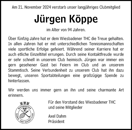Traueranzeige von Jürgen Köppe von Wiesbadener Kurier