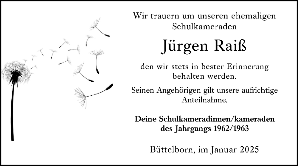  Traueranzeige für Jürgen Raiß vom 17.01.2025 aus Groß-Gerauer Echo