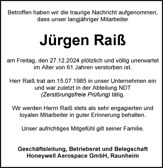 Traueranzeige von Jürgen Raiß von Rüsselsheimer Echo