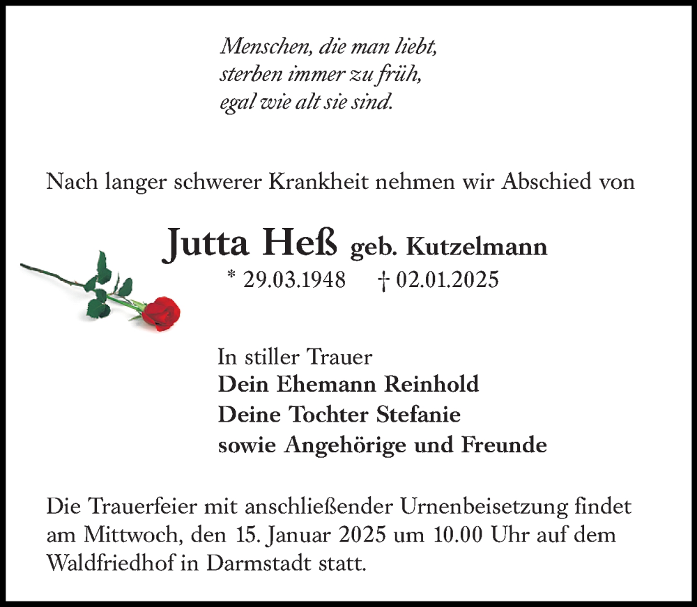  Traueranzeige für Jutta Heß vom 11.01.2025 aus Darmstädter Echo