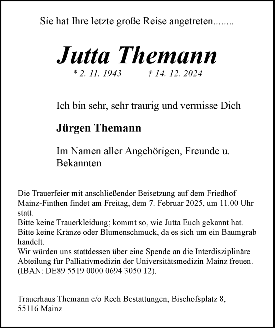 Traueranzeige von Jutta Themann von Allgemeine Zeitung Mainz