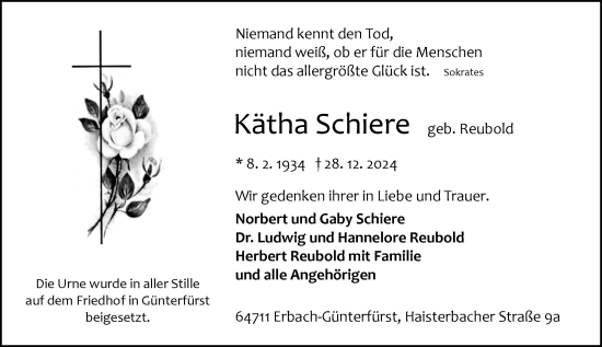 Traueranzeige von Kätha Schiere von Odenwälder Echo