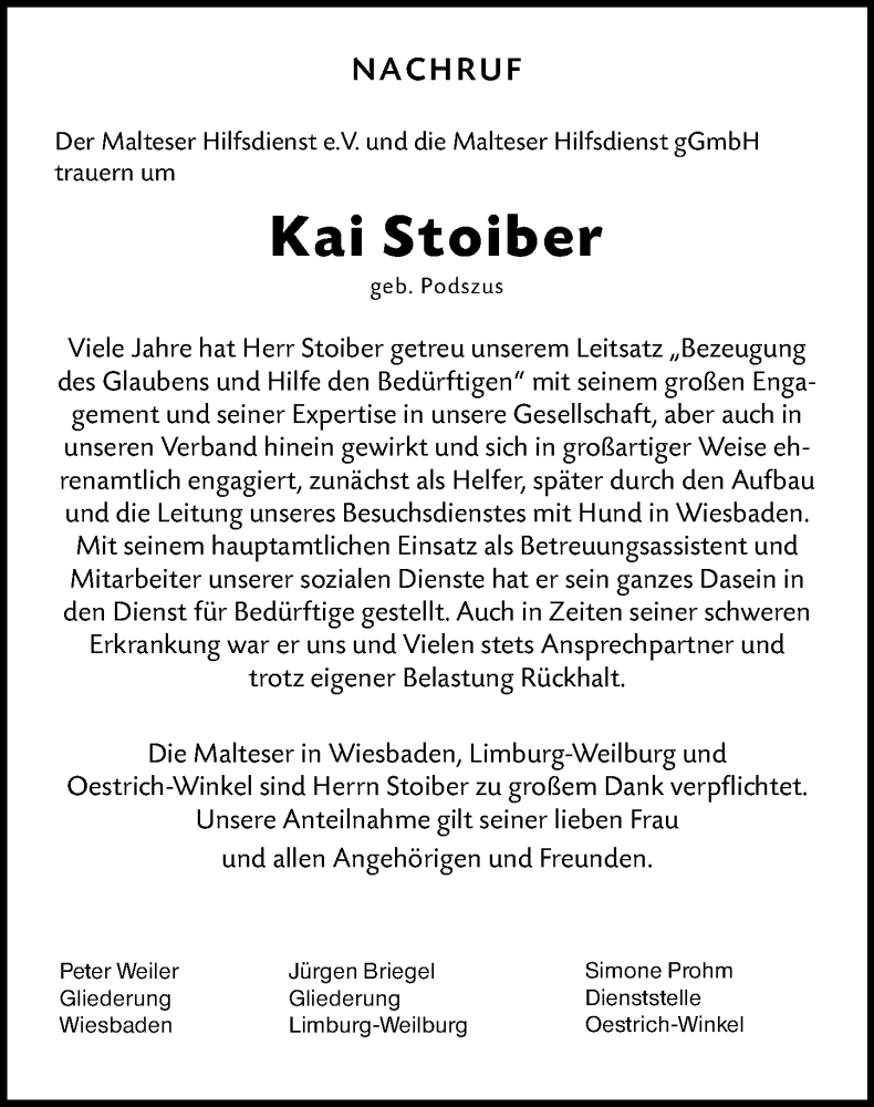  Traueranzeige für Kai Stoiber vom 09.01.2025 aus Nassauische Neue Presse
